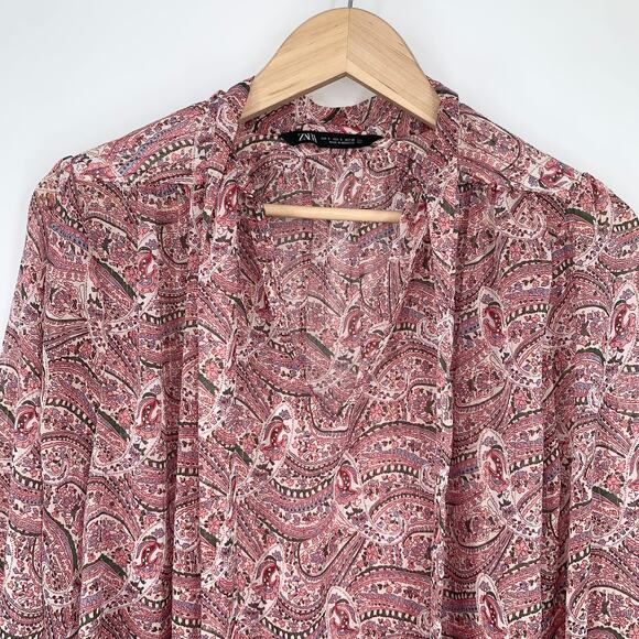 ZARA Paisley Metallic Neck Bow Pussybow Blouse, Pink - Picture 4 of 9